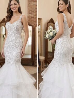 Beaded Mermaid Wedding Dress in White with Lace Straps
